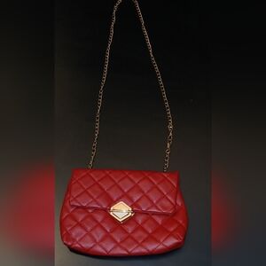 RED Leather Crossbody Bag W/Gold Chain